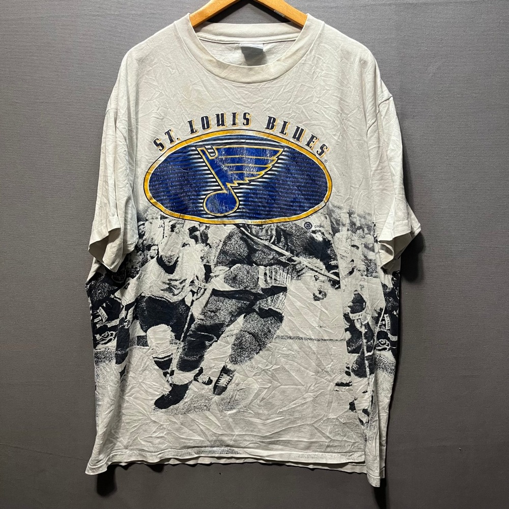 Vintage St Louis Blues NHL All Over Print T-Shirt All Sport Events XL White